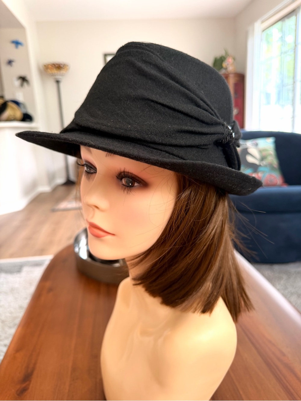 Collection Eighteen Black Wool Blend Fedora Cloche Draped Sequin Hat